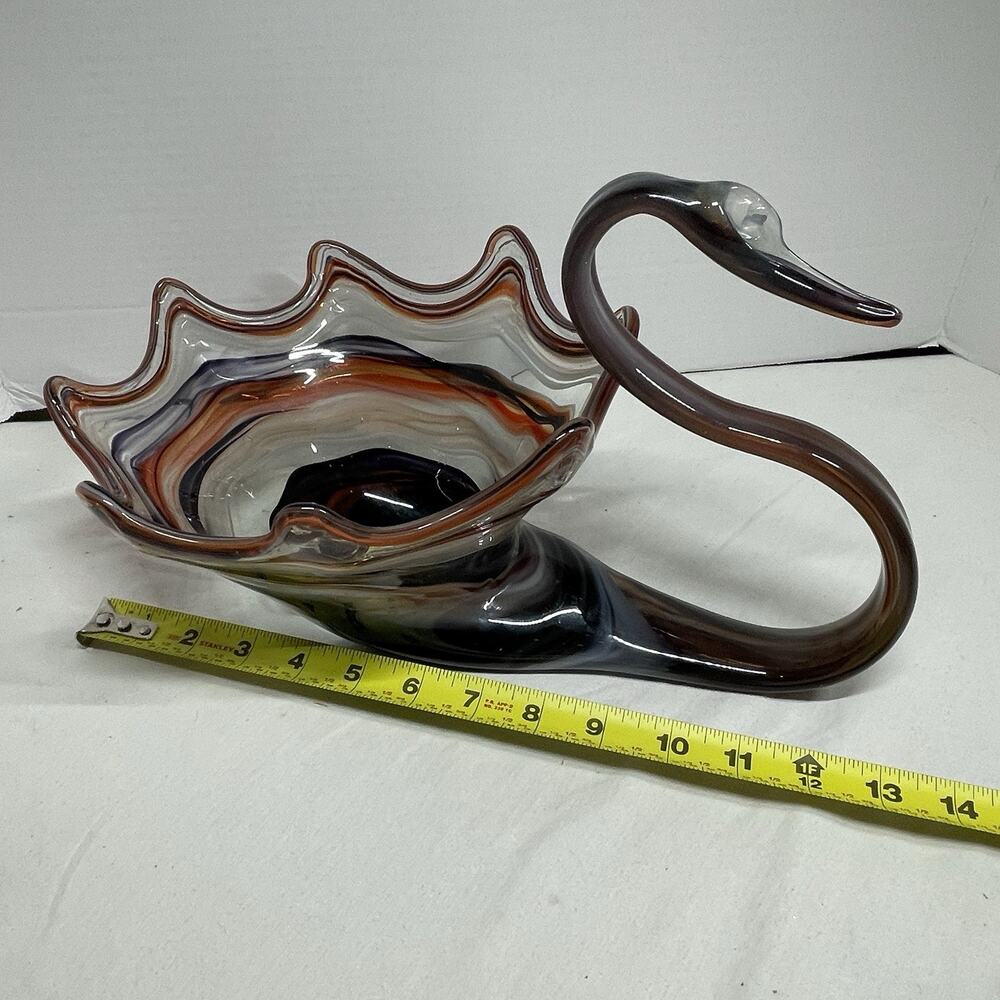 Vintage Hand Blown Sooner Swirl Art Glass Swan Multi Color Swirl 14” Long
